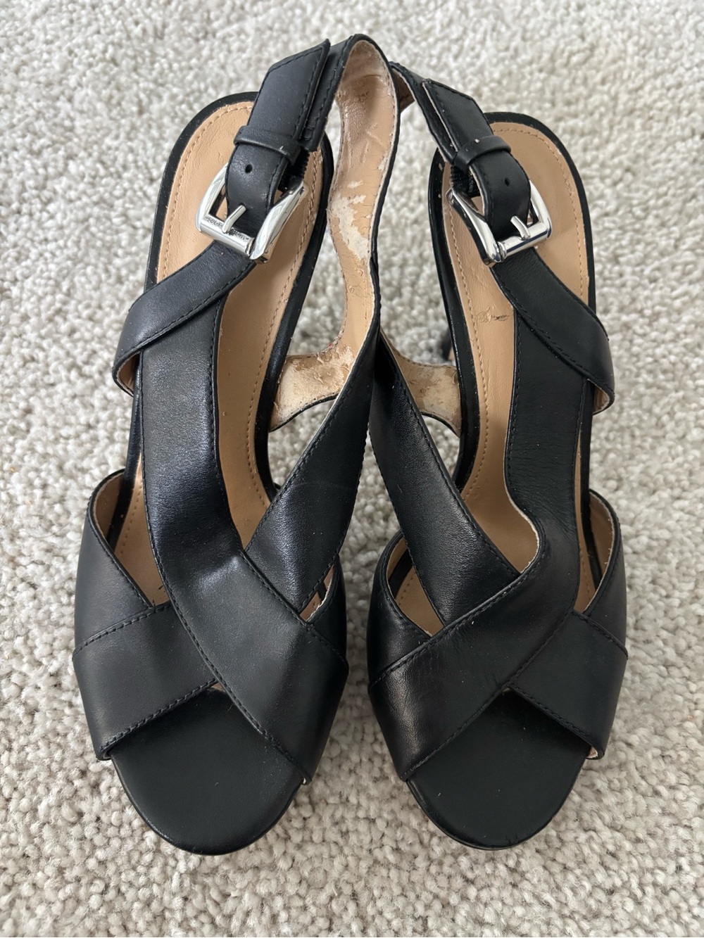 Michael Kors Black Leather Crisscross Slingback Heels with Silver Buckles